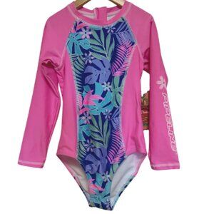 New Pipeline UPF 50+ Girl Swimsuit Sunblock RashGuard Long Sleeve Pink Size 16